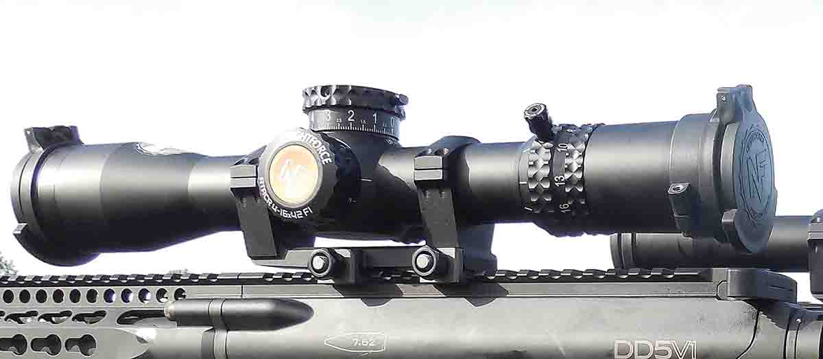 The reticle is in the first focal plane on the Nightforce ATACR 4-16x 42mm F1 scope, so the spaces between reticle graduations remain the same at all distances.